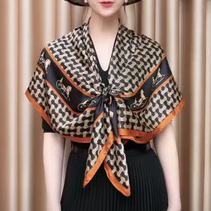 Elegant Silk Scarf 110x110cm Sun Protection Shawl Neck Protector Fashionable Korean Style Geometric Print Multi-Functional Womens Accessory