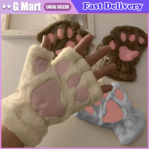 Soft Plush Cat Claw Gloves Winter Warm Cute Cartoon Cat Girls Fingerless Gloves Thickened Velvet Bear Paw Half Finger Gloves