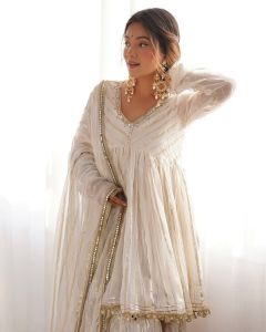 Stunning & Elegant Collection of Anarkali Sharara Suit with Mal Chanderi Fabric & Mirror Handwork for this Festival Season (Pre-Order: 8 to 21 Days Delivery) NS-TVN120826