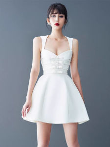 Elegant Summer French Style High Waist A-Line Mini Dress Womens Strapless Waist-Cinched Pure Color Short Skirt Gown