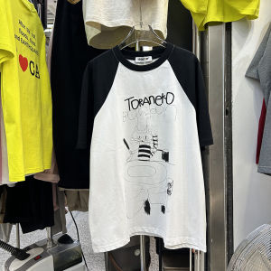 Color Block T-Shirt Short Sleeve Womens Loose Fit round Neck Mid-Length Embroidered Versatile Top Trendy Style Spring Wear