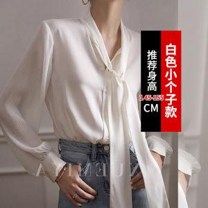 เสื้อเชิ้ตลายผีเสื้อสีขาวสไตล์ฝรั่งเศสสำหรับผู้หญิง เสื้อเชิ้ตผ้าชีฟองหลวมๆ สำหรับเดินทางไปทำงานในฤดูใบไม้ร่วงและฤดูใบไม้ผลิ