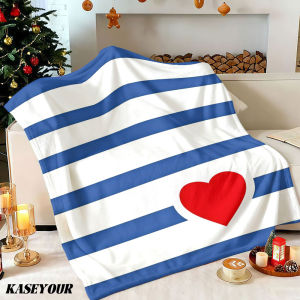 Beast Kingdom | Red Heart Blue Stripes Winter Summer Flannel Blanket Throw Fleece Soft Fuzzy Plush Cozy Fleece Blankets for Sofa Ideal Gifts