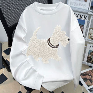 Áo Thun Dài Tay Thêu Hình Chú Chó Mềm Mại in Họa Tiết Mỹ Thời Trang Mùa Thu Cho Nam Và Nữ