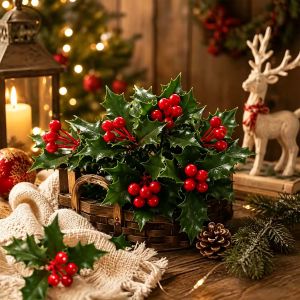 50Pcs Christmas Artificial Holly Red Berry Pick Fake Mistletoe Sprig Christmas Wreath Garland DIY Floral Decor Simulated Green Plant