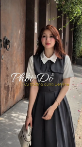 Đầm thiết kế BEMINE cổ đức phối đính cúc dáng chữ A phù hợp đi làm-B594
