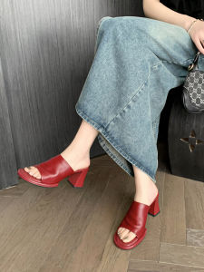 Raindrop Home French Minimalist หัวกลมรองเท้าแตะส้นหนาสวยของแท้ หนัง รองเท้าส้นสูงพิเศษเดี่ยว สายคล้อง ผู้หญิง ฤดูร้อน รองเท้าแตะ