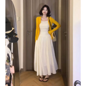 French Elegant White Loose High Waist A-Line Midi Skirt Womens Versatile Half-length Dresses Slimming Properties