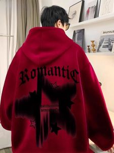 Heavyweight Wine Red Hoodie Mens Thickened Fleece Autumn Winter New Style Youth Fashion Loose Fit Printed Sweatshirt Coat
