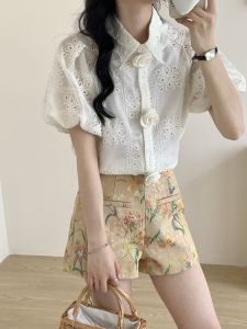 Daytime Silk Hollow Embroidery Flower Bud Sleeve Shirt French Style Short Sleeve Set Women Straight Cut Cotton Blend Summer Polo Collar