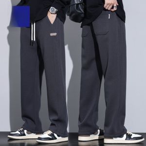 ROMON | Lormen Mens Fleece Lined Wide Leg Straight Cut Thickened Autumn Winter Sports Casual Long Pants Youth Popular Loose Fit Trousers
