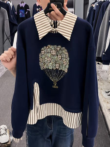 Autumn 2025 Womens Long Sleeve Balloon Sweater Rhinestone Heat Balloon Design Casual Fashionable Versatile Split Sweatshirt