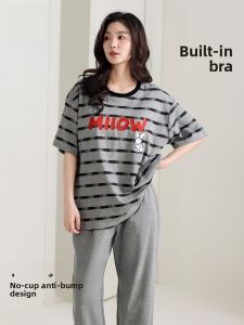 MiiOW | Pure Cotton Sleepwear Womens Casual Short Sleeve Long Pants Home Clothes With Chest Pad Summer New Style MiiOW Cat Person