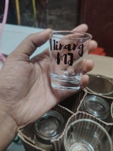 Shotglass souvenirs with holder card ribbon free A4 table top signage and wooden standy 30 pcs above