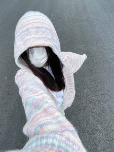 Rainbow Stripes 2025 New Womens Hooded Knitted Open Cardigan Outerwear Spring Autumn Loose Lazy Style Autumn Winter Sweater