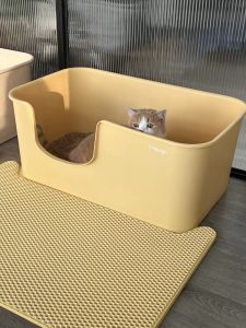 Extra Large Open-Top Cat Litter Box with Mat Shovel Toy for Fat Cats Non-Slip Easy to Clean Durable XL Size Pet Toilet