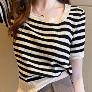 Áo Thun Nữ Tay Ngắn Cổ Vuông Sọc Đỏ Mới Mùa Hè Áo Len Dệt Kim Lụa Băng Ôm Vừa Vặn Ngắn Nhỏ Áo Thun Cổ Tròn