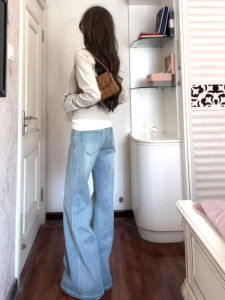 Retro American Light Blue Wide Leg Jeans Womens Loose Drapey Straight Floor-Length Pants Casual High Waist Cotton Stretch Denim