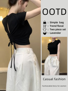 Áo Thun Nữ Tay Ngắn Dáng Ôm Hở Lưng Có Dây Rút Mùa Hè Thiết Kế Thời Trang Cỡ Nhỏ Thường Ngày Cổ Tròn Màu Trơn