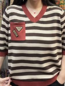 Stripes Pocket Middle-Aged Mom Thin Knitwear 2024 Summer New Belly-Covering Western Style Fashion Short Sleeve T-shirt