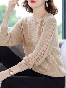 WANGGONGZHU | เสื้อสเวตเตอร์ถักคอโปโลลูกไม้โล่งสำหรับผู้หญิงในฤดูใบไม้ร่วงและฤดูหนาว ทรงหลวมสบายๆ ดีไซน์เก๋ไก๋ เสื้อผ้าทำงานสไตล์เจ้าหญิง