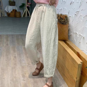 High Quality Linen Harem Pants Womens Loose Vintage Button Slimming Nine Point Harem Pants Trendy Casual Pants