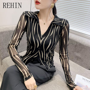 REHIN Womens top Summer new mesh long-sleeved shirt slim and Korean stylish striped elegant blouse