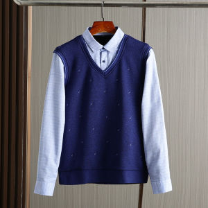 Mens Denim Blue Knitted Shirt Collar Sweater Winter Fashion Floral Pattern Fleece Lined False Two-Piece Vest Shirt