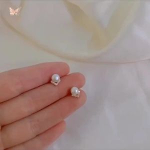 S925 Sterling Silver Pearl Stud Earrings Freshwater Pearl CZ Gold Tone French Minimalist Earrings for Women Gift Jewelry-RRC