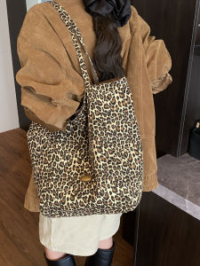 Ladies Casual Canvas Tote Bag Commuter Leopard Print Shoulder Bag Large Capacity Autumn Winter Fashion Handbag Hobo Bag