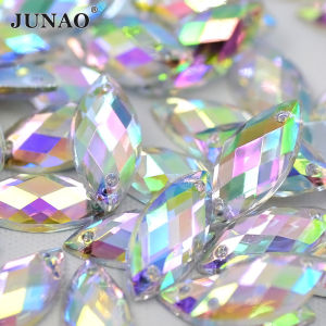 JUNAO 7*15 มม.100 ชิ้นเย็บคริสตัล AB Rhinestone Flatback อะคริลิคหิน Applique เย็บบน Horse Eye คริสตัล Strass สําหรับเย็บปักถักร้อย