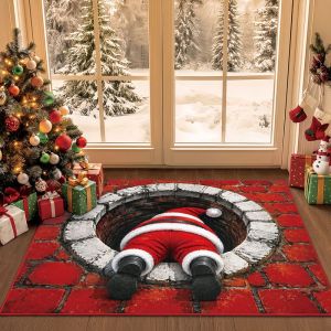 VIKAMA Funny 3D Christmas Doormat Santa Claus Stuck Chimney Red Brick Illusion Mat Welcome Front Porch Rug Xmas Decor