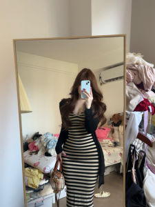 Pure Desire V-neck Striped Knitted Dress Waist-cinching Slimming Bodycon Skirt High Waist Polyester Fiber Long Sleeve Long Dress