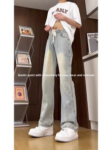 American Vibe Loose Fit Straight Leg High Waist Jeans Mens Wide Leg Bell Bottoms Autumn New Style Elastic Waist Denim