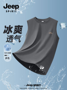 Jeep Pure Cotton Deep Grey Mens Vest Breathable Summer Basketball Sleeveless T-Shirt Fashion Urban Style round Neck Sweatback