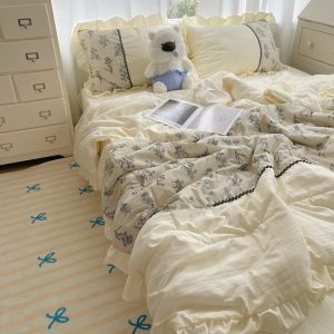 French Ins Style Summer Cotton Washed Linen Three Piece Bedding Set Air Conditioning Quilt Country Field  Breath
