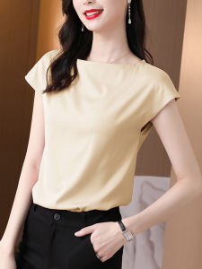 Ladies Chiffon Shirt Loose Short Sleeve Base Layer Top Fashionable Summer Mom T-Shirt Korean Style round Neck Pure Color