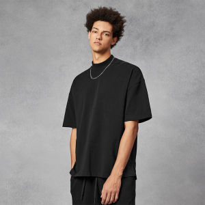 ZHUOCAN | Black Semi High Collar Heavyweight Cleanfit 5/8 Sleeve T-Shirt for Men Summer