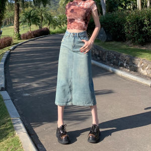 กระโปรงยีนส์ทรงเอเอวสูงสีอ่อนสไตล์ย้อนยุคสำหรับผู้หญิง กระโปรงทรงเอเข้ารูปดีไซน์เก๋ไก๋สำหรับฤดูใบไม้ผลิและฤดูร้อน