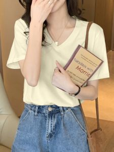 เสื้อยืดคอกว้างแขนสั้นผู้หญิงไซส์ใหญ่หลวมๆ สีพีช ทรงเข้ารูป แฟชั่นฤดูร้อน 2025 เสื้อผ้าทำงานสไตล์เกาหลี