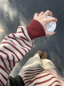 Loose Fit Stripe Sweatshirt Casual Long Sleeve T-Shirt Inner Wear Outer Wear Red Stripe Lazy High-End Style Early Autumn New Arrival