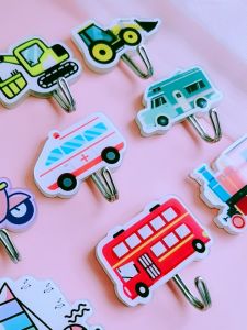 Creative Cute Cartoon Transportation Engineering Vehicle Hook Childrens Early Education Wall Sticker Home Use No Drilling Coat Hook