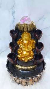 Golden Ganesha Cascading Water Fountain with LED Crystal Sphere