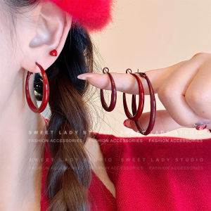 Retro Hong Kong Style Red Oil Drop Earrings Versatile round Circle Earrings Autumn Winter Small Design High-End Feeling Womens Jewelry