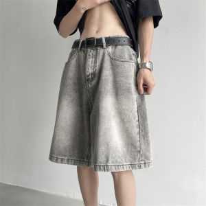 American Distressed Gray Denim Shorts Mens Summer Fashion Brand Vintage Loose Leisure All-Matching Straight-leg Cropped Pants