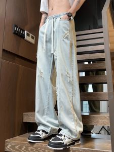 กางเกงยีนส์ทรงหลวมสไตล์อเมริกันย้อนยุคสำหรับผู้ชาย กางเกงขายาวทรงตรงลำลองฤดูร้อน ทรงหลวม ทรงหลวม สไตล์อเมริกัน ทรงหลวม