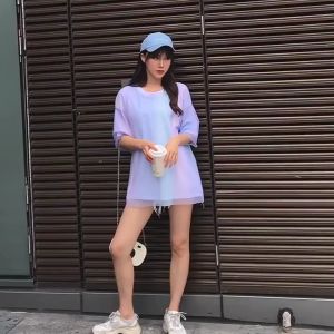 Gradient Mesh Double-Layer T-shirt 彩色渐变网纱假两件T恤