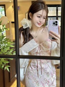 Summer New Floral Lace Halter Dress Womens Beautiful Knitted Cardigan Two-Piece Set High Waist A-Line Long Skirt Short Sleeve