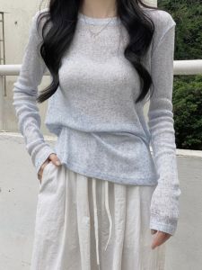 Summer New Style Womens Long Sleeve round Neck Cool Sunscreen Pure Color Knitted T-Shirt Thin Commute Lady Fashion Design