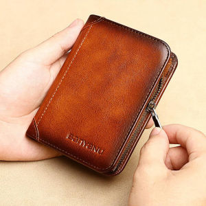 BANYANU กระเป๋าสตางค์หนังแท้งวัว 100% ผู้ชายแฟชั่นเดิมซิปบัตรถือเหรียญกระเป๋าสตางค์สำหรับผู้ชาย 2025 Anti RFID